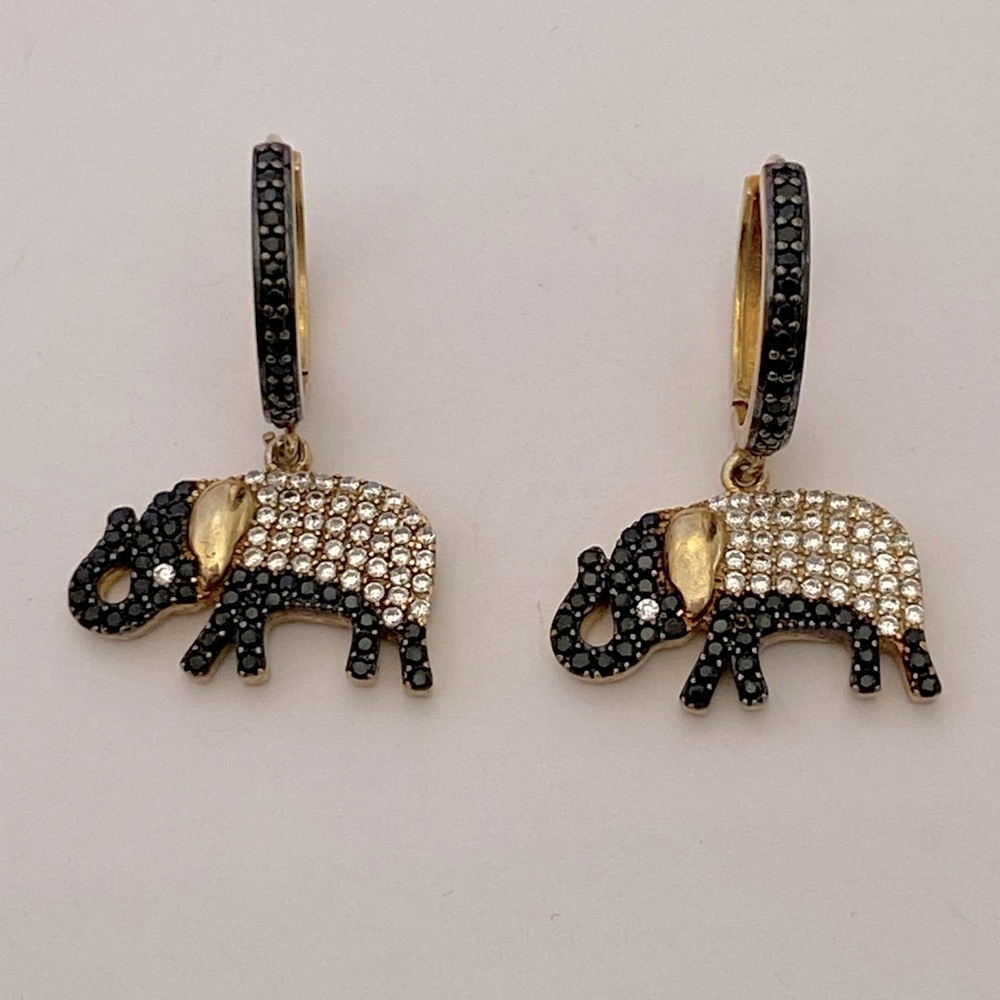 925 silver elephant hoops earrings clear black cz stones 18k yellow gold plated